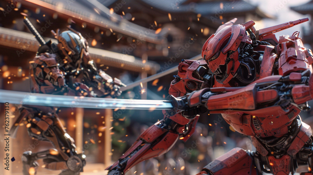 Fototapeta premium Robot samurai engaging in a fierce sword fight against a digital opponent