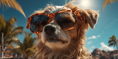 Dog Wearing Sunglasses on Beach With Palm Trees Generative AI © Johnathan