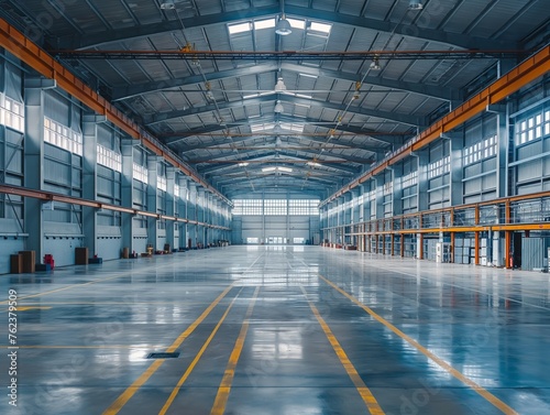 Spacious and empty industrial warehouse with polished floor and high ceiling, illuminated by natural light.