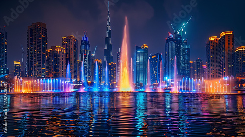 Colorful fountain show with illuminated city skyline at night.