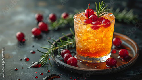 Tasty alcoholic old fashioned cocktail with cherry  photo