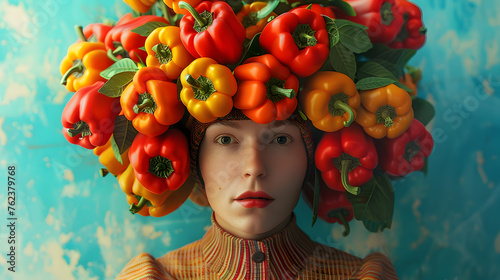 A striking image of a woman wearing a colorful headdress made of red and yellow bell peppers against a blue backdrop.