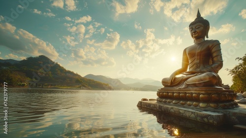 cinematic photograph of giant buddha statue on the beautiful lake sunny bright sunlit beautiful © Xabi