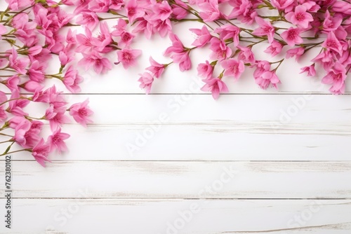 Vivid pink flowers arranged on a rustic white wooden background.