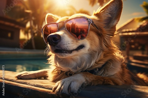 Corgi Dog Wearing Sunglasses Relaxing by Pool Generative AI © Johnathan