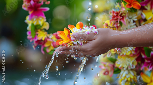 Hand of young woman pour water and flowers on the hands. older women and happy for the songkran festival. concept gives blessing in Songkran day Thailand. Asian little child girl pouring water on hand