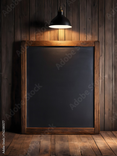 Empty blackboard on wooden wall, with a lamp.