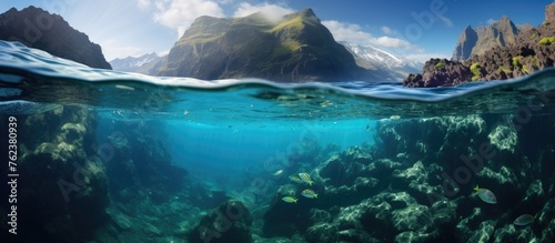 An artistic portrayal of a coral reef halfsubmerged underwater, with majestic mountains in the background, creating a stunning natural landscape photo