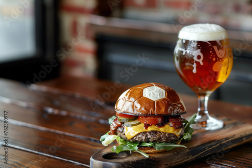 A hamburger that looks like a soccer ball on the side is a pint of beer photo