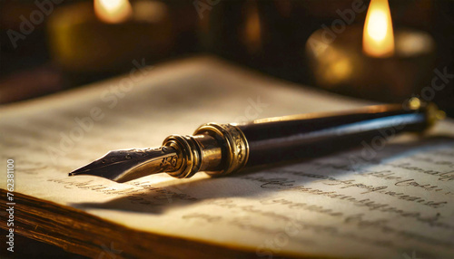 Extreme close-up of a vintage fountain pen resting on handwritten document. Concept of ancient manuscript and poetry. Generative Ai.