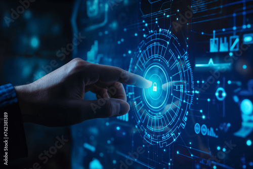 The young man's hand touched the introduction of artificial intelligence. Cyberspace of the future Science and technological innovation big data concept photo