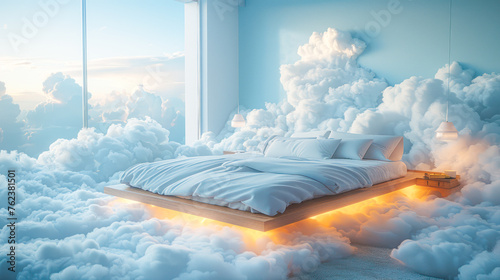 Comfortable bed with new mattress in heaven, surrounded by clouds. Healthy sleep concept. orthopedic mattress, cotton bedding promotion, special offer, sale