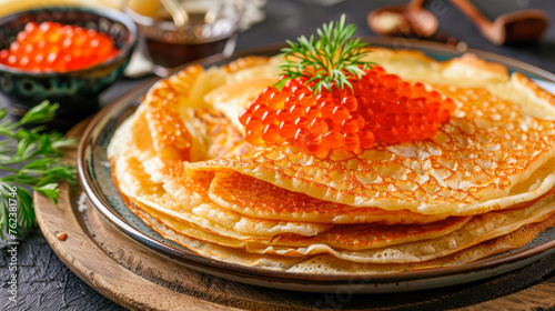 thin pancakes with caviar. Stack of russian thin pancakes blini with red caviar on an old wooden table. Maslenitsa, traditional Russian blini recipe, restaurant menu photo