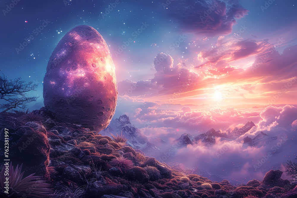easter egg landscape with free space sunset  - obrazy, fototapety, plakaty 