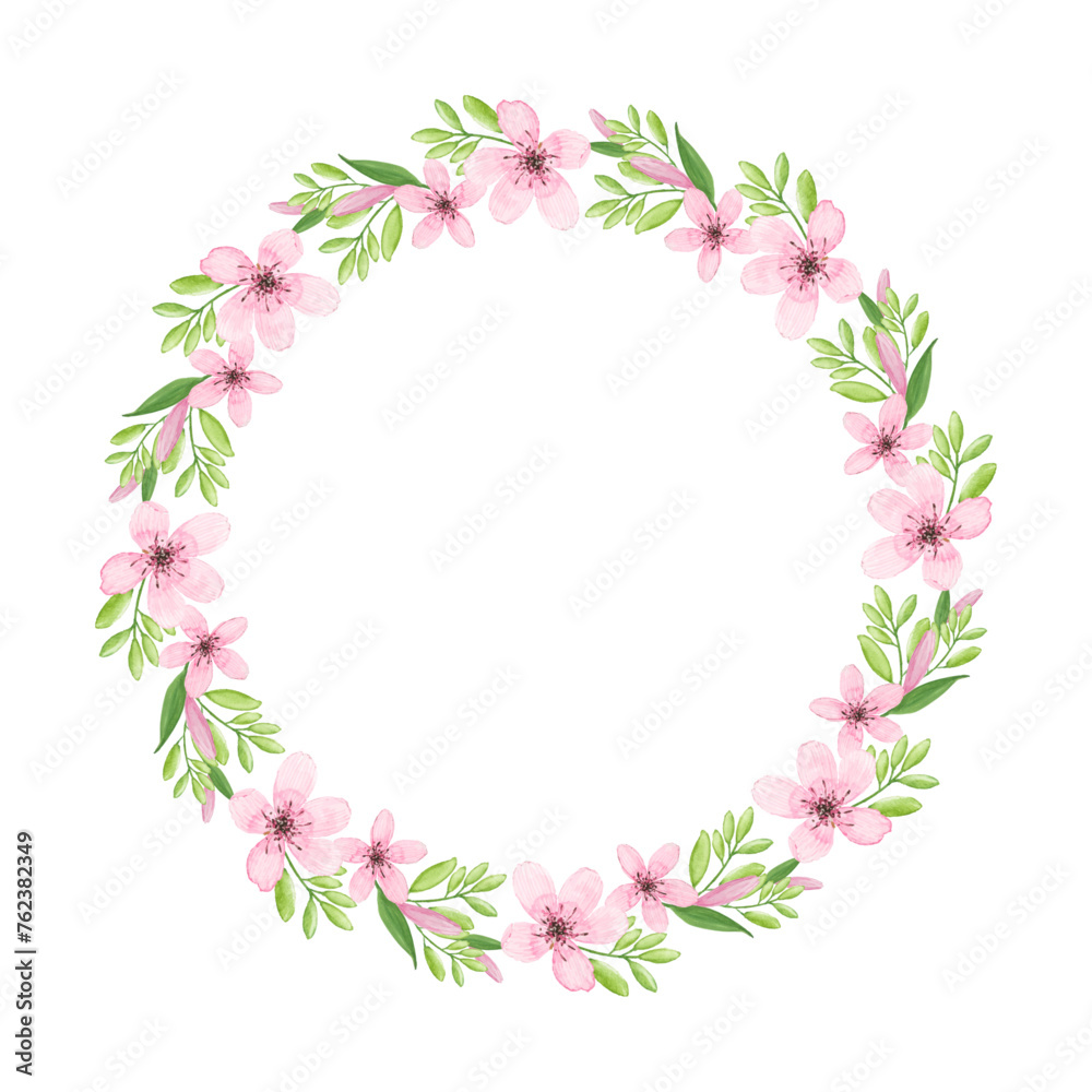 Pink romantic hand painted watercolor floral wreath. Cute elegant flowers and leaves illustrations and graphic design elements. Spring floral wreath with flowers, leaves and branches. Wedding wreath.