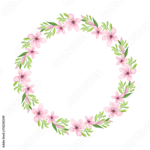 Pink romantic hand painted watercolor floral wreath. Cute elegant flowers and leaves illustrations and graphic design elements. Spring floral wreath with flowers  leaves and branches. Wedding wreath.