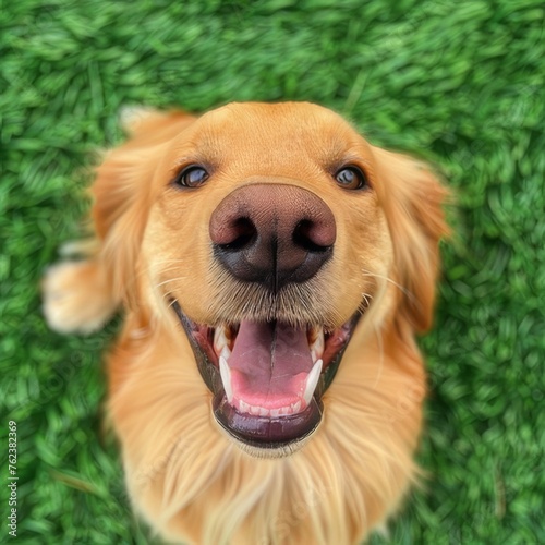 Radiant Golden Retriever with a Heartwarming Smile on a Green Meadow photo