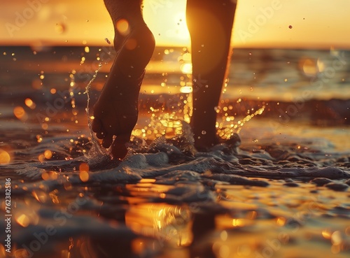 Closeup of man's feet walking on the beach during a golden sunset.