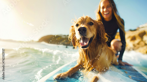 Happy woman in wetsuit floating on a SUP board with a dog. The adventure of the sea with blue water on a surfing. Summer vacation. Woman keeping oar, training her sup boarding skills.