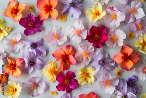 Colorful beautiful flowers isolated on clean and clear white background  flower wallpaper concept  top view of colorful spring flowers seamless pattern  Seamless pattern of colorful flowers and leaves