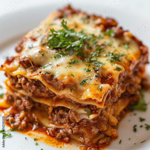 Photo of homemade Beef Lasagna on white background, Italian dish