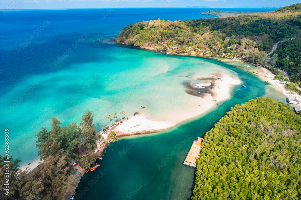 Aerial Beach and coconut trees on a calm island in the morning