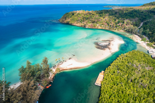 Aerial Beach and coconut trees on a calm island in the morning photo