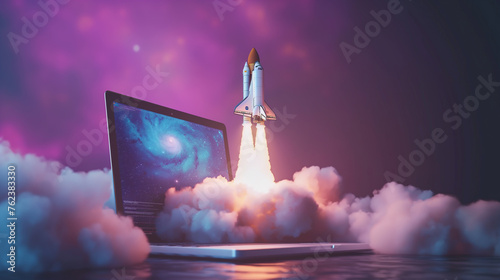 A space shuttle rocket successfully soars above a desktop laptop display frame. The idea took off and it was a success. Creativity  development  marketing and applications