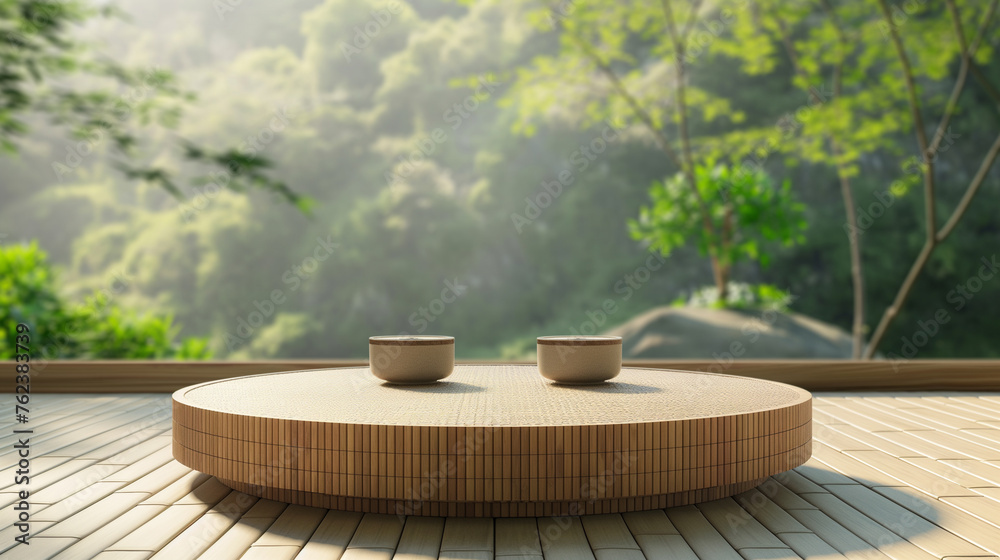 Empty wooden platform surface on table with branches, fresh green leaves, bamboo tree floor background. Organic health natural product platform promotion displa