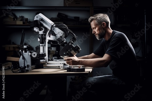 A man controls a robotic arm on a factory floor.