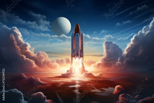 Inspiring Rocket launch poster. Smoke render missile. Generate Ai