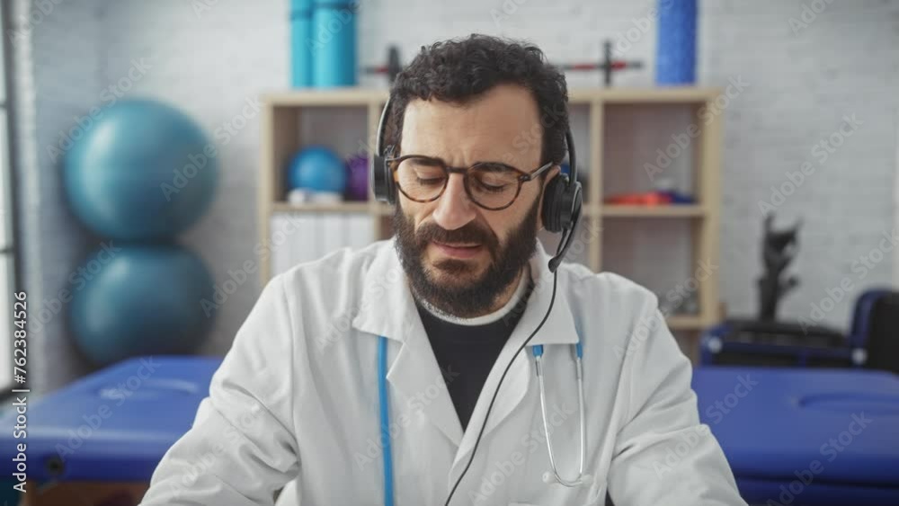 A middle-aged man with a beard in a clinic wearing headphones and a lab coat, against a blurred interior background with exercise equipment. A middle-aged man with a beard in a clinic wearing headphones and a lab coat, against a blurred interior background with exercise equipment.