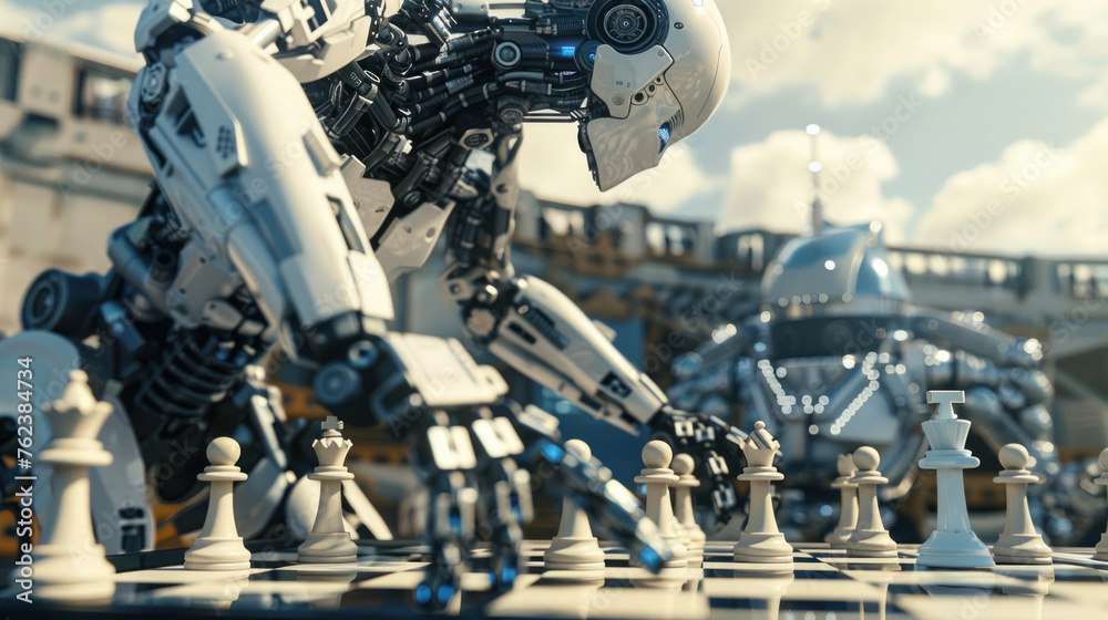 Robot Mastermind: An awe-inspiring image featuring a towering robot overlooking a chessboard, with multiple robotic arms executing precise moves simultaneously. Generative AI - obrazy, fototapety, plakaty 
