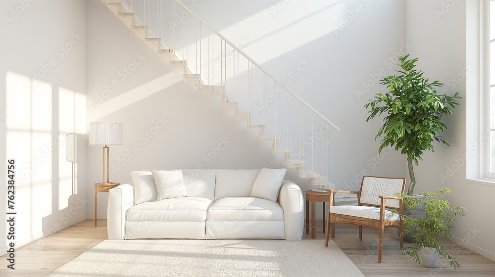 Simple white room interior with a large decorative sofa on the wall. white landscape in the window Nordic style house interior. 3D illustration - obrazy, fototapety, plakaty 