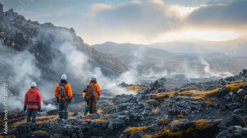 Three hikers in safety gear stand amidst volcanic steam and rugged terrain as the sun sets in the distance.