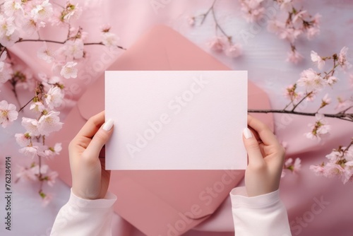 Woman holding an empty card. Beautiful spring mockup.