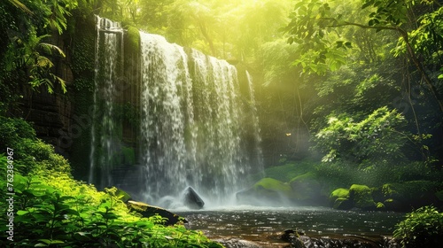 Wide vista, gorgeous fresh green nature scenic landscape waterfall in deep tropical jungle rain forest.