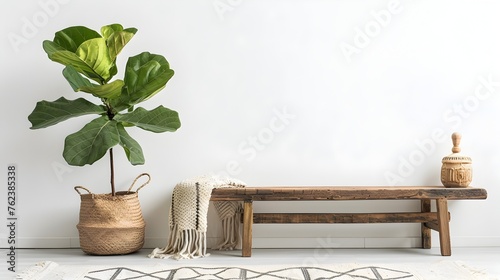 Scandinavian-Style Interior with Wooden Bench and Fiddle-Leaf Fig on Pristine White Background photo