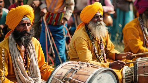 elderly Sikh drummers in yellow robes and turbans play traditional drums, festive atmosphere of Baisakhi, poster