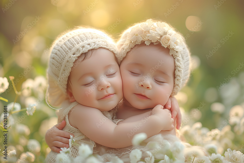 Smiling twin babies wearing knit hats embracing. Joy and sibling connection concept. Soft-focus portrait photography for family and happiness design - obrazy, fototapety, plakaty 