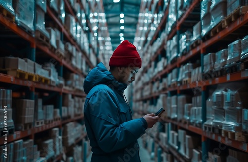 Tech-Driven Efficiency: Worker Harnessing Mobile Innovation in Warehouse Realm, Seen Through the Lens of Progress, Amidst Blurred AI Backdrop, Where Technology Meets Tradition -