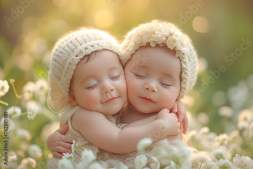 Smiling twin babies wearing knit hats embracing. Joy and sibling connection concept. Soft-focus portrait photography for family and happiness design