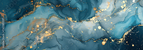 Blue marble texture background with gold watercolor waves pattern. Luxury art. Silver blue water background