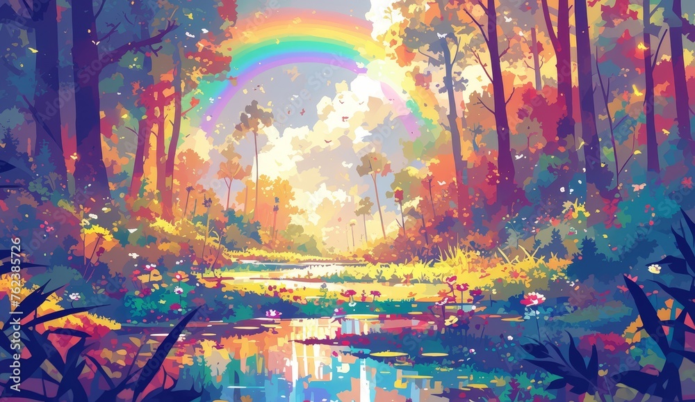 Stained Glass style, rainbow colors, forest