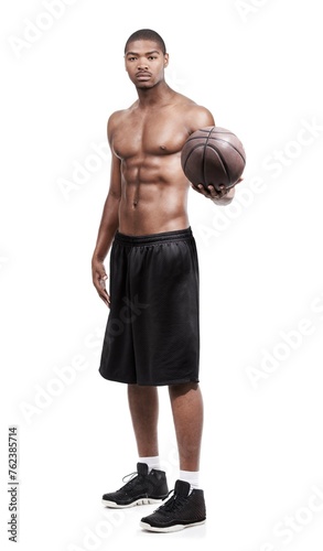 Fitness, body and black man with basketball, six pack and shirtless for muscle workout, game or challenge. Sports wellness, health and professional athlete with ball isolated on white background.