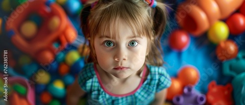 Cute little girl looking up at camera with toys in the background