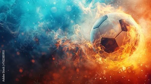 Golden background with a soccer ball. flying fiery ball on red background. Team winning the match  soccer ball on the field with golden confetti. Blurred soccer ball on grass at sunset with goal. 
