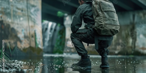 Urban Explorer with Backpack, figure crouches pensively in an urban underpass, equipped with a backpack, amidst the reflections of a city that has been momentarily stilled by rain photo