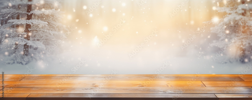 Winter-themed backdrop featuring a snow-covered forest landscape, exuding the serene beauty of the season. Perfect for product displays or text overlays, capturing the tranquility and enchantment