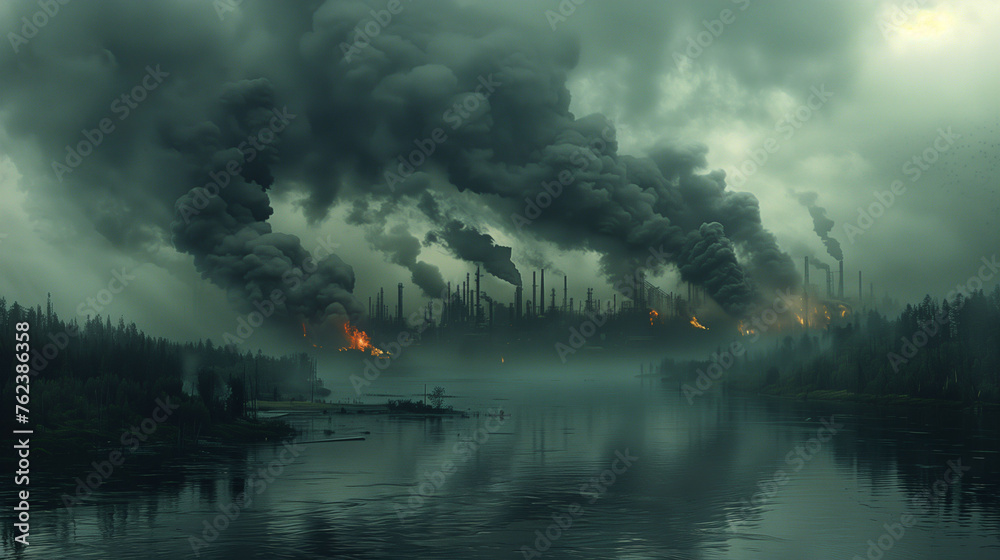 Dramatic industrial pollution over a serene lake with dark smoke billowing from forest fires, reflecting environmental issues. - obrazy, fototapety, plakaty 
